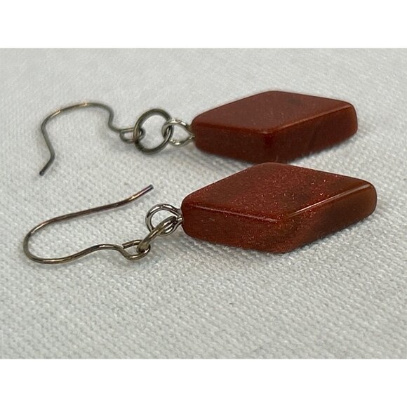 Goldstone Diamond Shaped Drop Earrings Silver Hooks Brown Sparkly - Picture 7 of 7